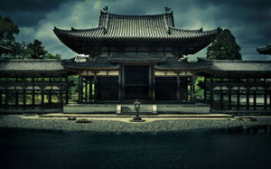 Temple, Phoenix Ensemble, Bedoin, Japan, Kyoto, Architecture, Building, Pond, Trees, Overcast, Sky Wallpaper