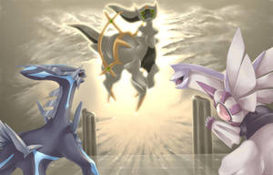 The Cosmos Chain - Arceus, Palkia, And Dialga Wallpaper