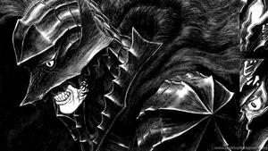 The Epic Hero Guts Riding Atop A Giant Black Dragon In The Berserk Manga. Wallpaper