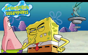 Thinking Spongebob And Patrick With Plankton Wallpaper