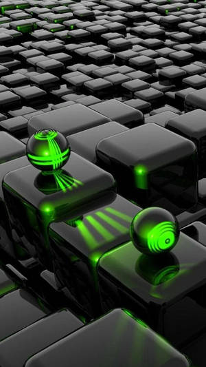 Three 3d Neon Green Balls Resting On Black Cubes Wallpaper