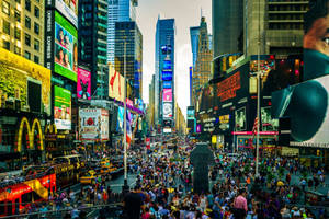 Times Square Buildings And Crowd Wallpaper