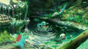 Totodile Looking At Friends In Creek Wallpaper
