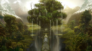 Towering Through The Skies, Giant Fantasy Tree Stands Majestically, Reminding Adventurers Of The Journey Ahead. Wallpaper