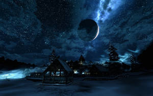 Town Under Galaxy Moon Wallpaper