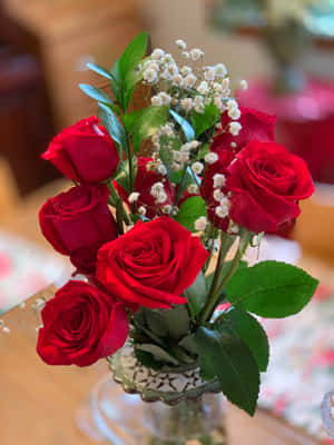 Traditional Red Rose Bouquet With Babys Breathe Flowers Wallpaper