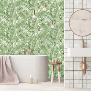 Tranquil Green Tiled Bathroom Interior Wallpaper