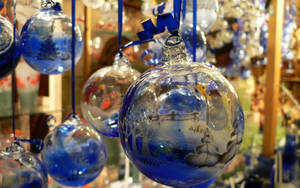 Transparent Blue Glass Christmas Balls Wallpaper