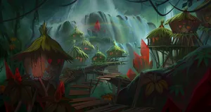 Tropical Huts Jungle Art Wallpaper