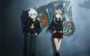 Two Anime Characters Standing Next To A Graffiti Wall Wallpaper