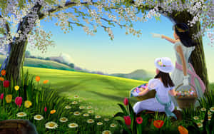 Two Girls Spring Picnic Wallpaper