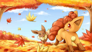 Two Pokemon Walking Through The Leaves Wallpaper