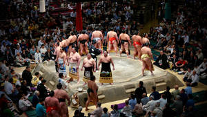 Two Sumo Wrestlers Clash In A Traditional Japanese Arena Wallpaper