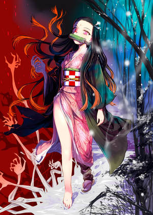 Two Worlds Of Nezuko Kamado Wallpaper