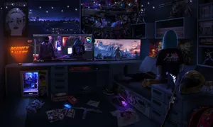 Ultimate Anime Gamer Room Nighttime Wallpaper