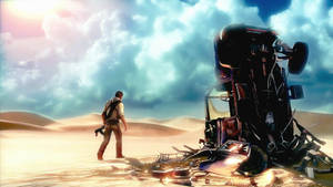 Uncharted's Protagonist Nathan Drake Next To A Crashed Car. Wallpaper