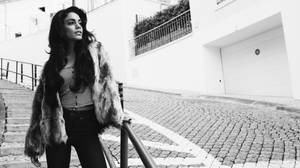 Vanessa Hudgens Black And White Fur Outfit Wallpaper