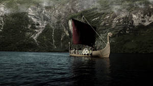 Viking Longship Maroon Sail Wallpaper