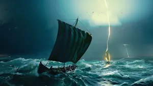 Viking Ship In Storm Wallpaper