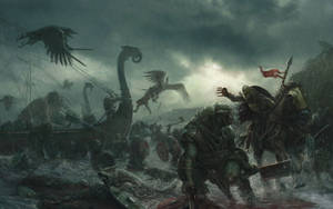 Viking Warriors Against Monsters Wallpaper