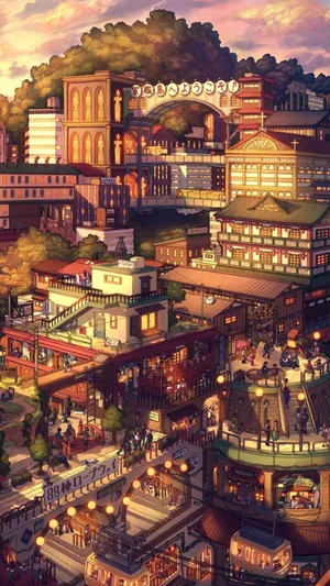 Vintage Anime Multi-level Buildings Wallpaper