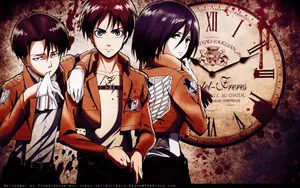 Vintage Levi Ackerman With Eren And Mikasa Wallpaper