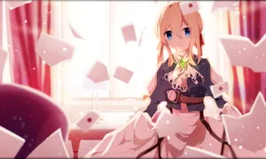 Violet Evergarden Sitting By A Pink Window Wallpaper