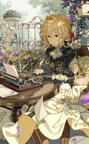 Violet Evergarden Typing In The Garden Wallpaper