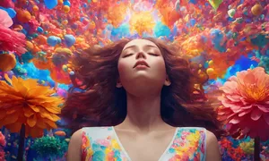 Vivid Dreamscape Woman Surroundedby Flowers Wallpaper