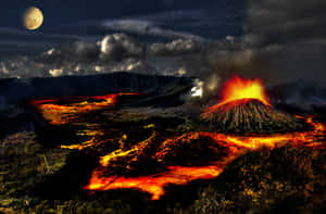 Volcano Lava Flowing On Land Wallpaper