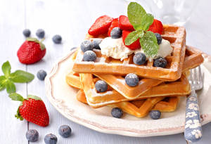 Waffles Strawberries Blueberries Cream Wallpaper