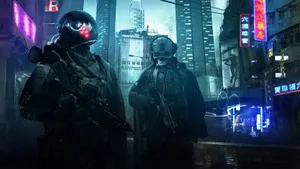 Warrior Character On Cyberpunk Street Wallpaper
