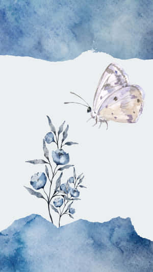 Watercolor Butterfly On Blue Background With Flowers Wallpaper