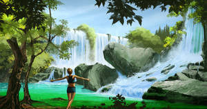 Waterfall Digital Painting Wallpaper