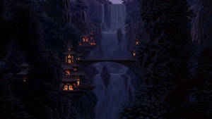 Waterfalls In Forest Night Pixel Art Wallpaper