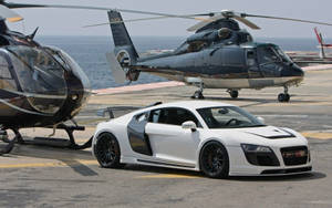 White Audi Car And Helicopter Wallpaper