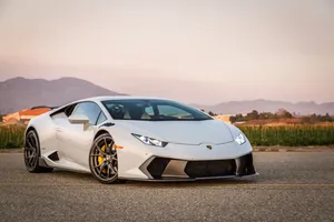 White Lamborghini Huracan Sunset Road Wallpaper