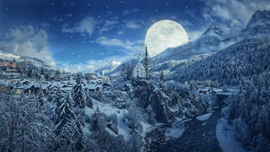 Winter Aesthetic With Large Moon Village Wallpaper