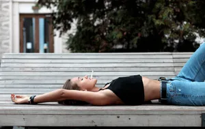 Woman Profile Lying On The Park Bench Wallpaper