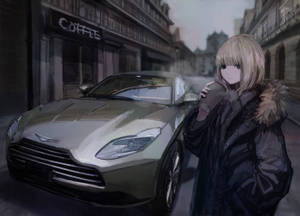 Woman Standing Next To Aston Martin Car Anime Wallpaper