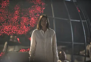 Woman Standing Red Lights Background Wallpaper