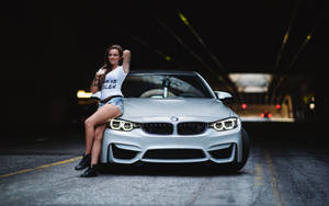 Woman With Silver Bmw Car Wallpaper