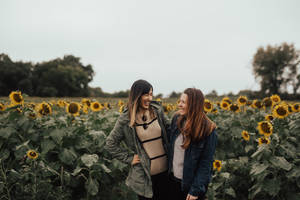 Women Best Friend In Sunflower Field Wallpaper