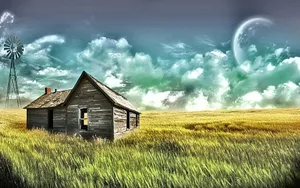 Wooden House On Grass Fields Wallpaper