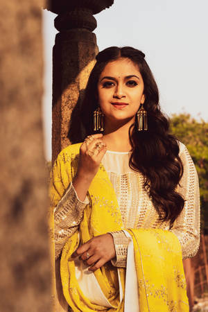 Yellow And Gold Keerthi Suresh Saree Wallpaper