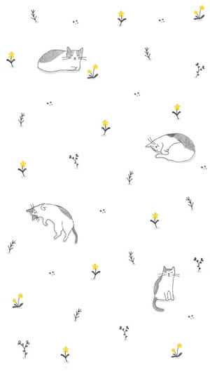 Yellow Flowers And Cute Cat Pattern Wallpaper