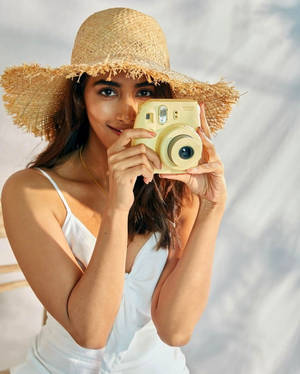 Yellow Fujifilm Camera Pooja Hedge Hd Wallpaper