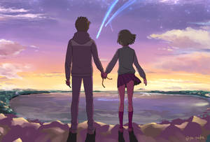 Your Name Mitsuha And Taki Holding Hands Anime Wallpaper