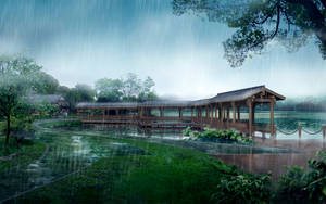 Zen Garden Lake With Rain Wallpaper