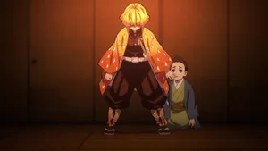 Zenitsu Protecting A Child Wallpaper